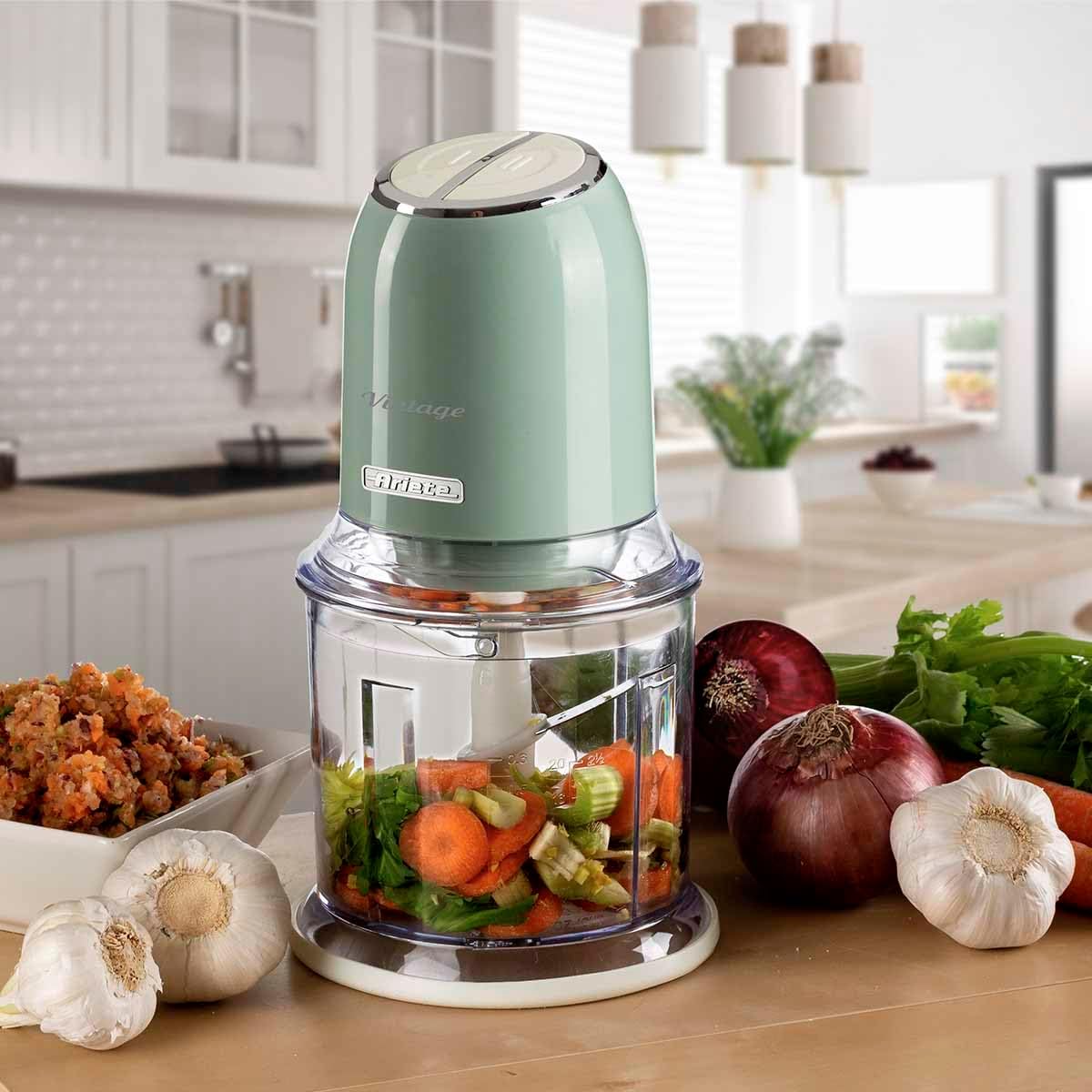 Ariete 438, Triturador e Processador de Alimentos Vintage Verde, 600 ml, 4 Lâminas de Aço Inoxidável, 2 Velocidades + Pulso, 250 Wats - 127V